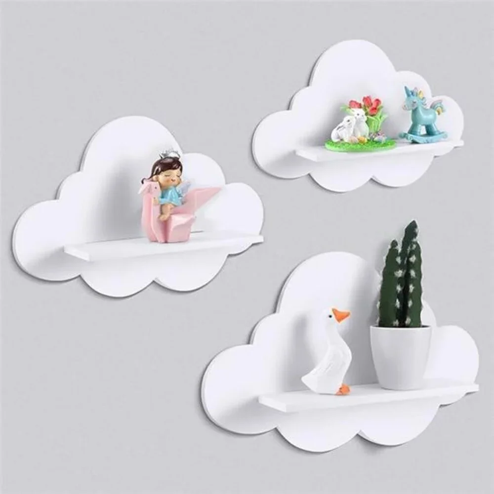 Set of 3 White Cloud Floating Shelves Wall Mounted Nursery Bedroom Bathroom Deco